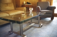 Architect: Ike Kliggerman. Antique nickel over steel with pyrex glass top.