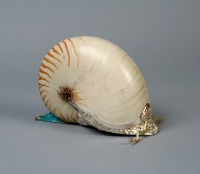 "Self Portrait" (cigar box) -14K gold, sterling silver, tourmaline, Nautilus shell, enamel (walnut box) - 10"H x 8"W x 4"D