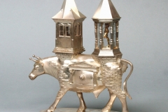 "An Architectural Farce" (salt and pepper cellar) - sterling silver, 14K gold, cleaved topaz, tourmalinated quartz - 8"H x 4"W x 10"L